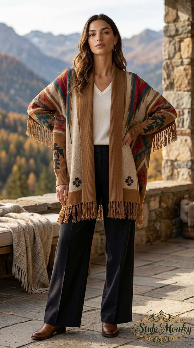 Ecote Southwestern Tribal Fringe Poncho Cardigan
